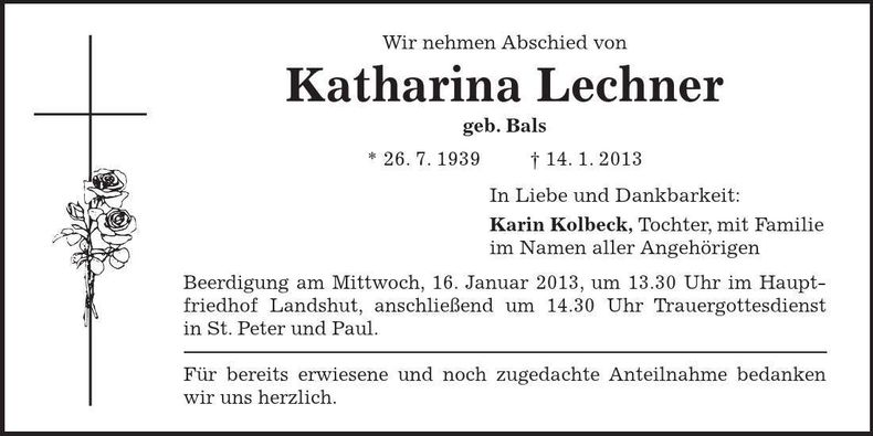 Traueranzeige Katharina Lechner