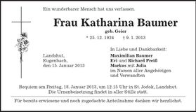 Traueranzeige Katharina Baumer
