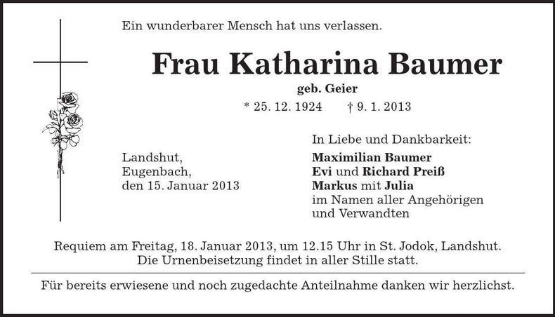 Traueranzeige Katharina Baumer