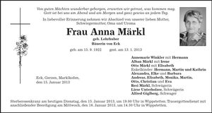 Traueranzeige Anna Märkl