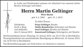 Traueranzeige Martin Geltinger