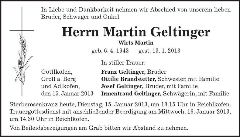 Traueranzeige Martin Geltinger
