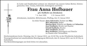 Traueranzeige Anna Hofbauer