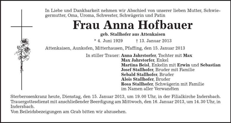 Traueranzeige Anna Hofbauer