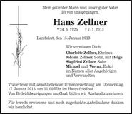 Traueranzeige Hans Zellner