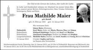 Traueranzeige Mathilde Maier