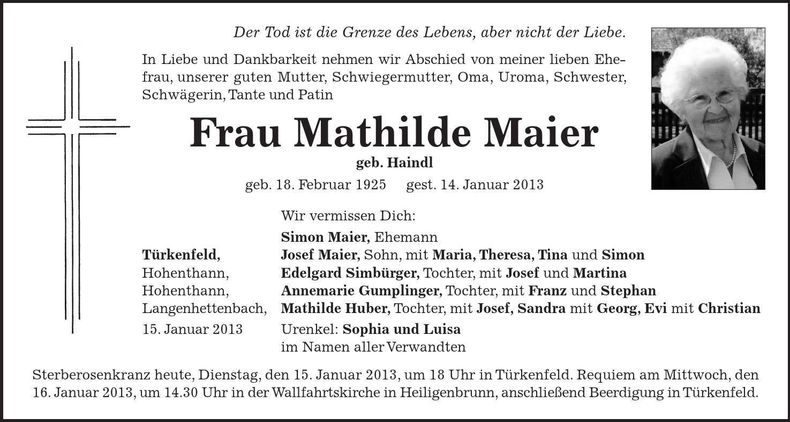 Traueranzeige Mathilde Maier