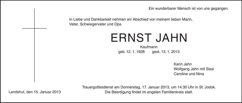 Traueranzeige Ernst Jahn