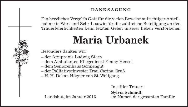 Traueranzeige Maria Urbanek
