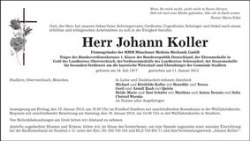 Traueranzeige Johann Koller