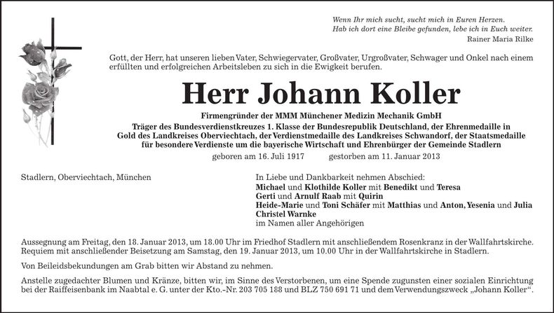 Traueranzeige Johann Koller
