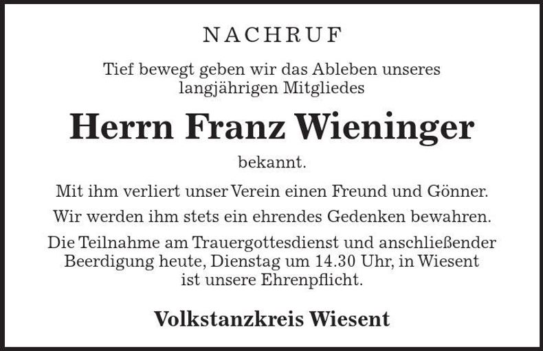 Traueranzeige Franz Wieninger