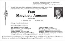 Traueranzeige Margareta Aumann