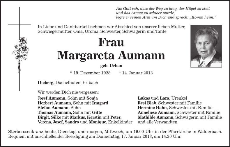 Traueranzeige Margareta Aumann