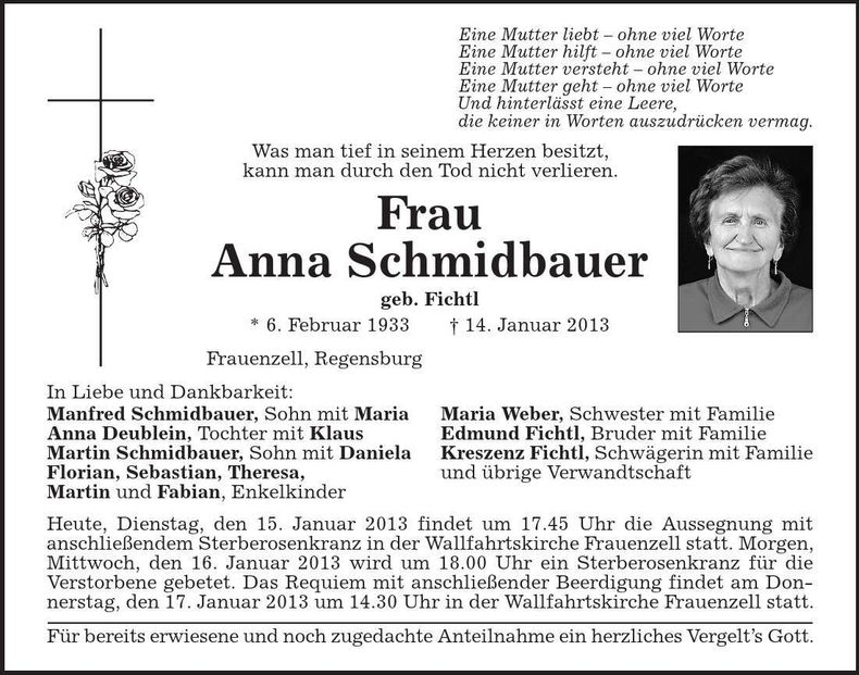 Traueranzeige Anna Schmidbauer