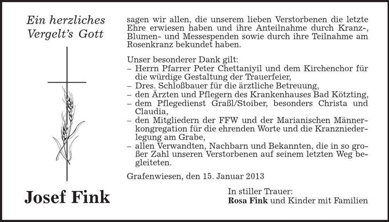 Traueranzeige Josef Fink