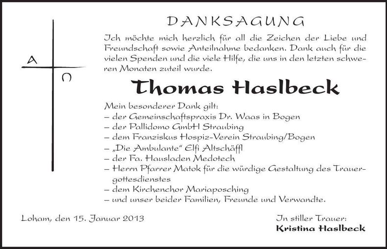 Traueranzeige Thomas Haslbeck