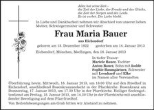 Traueranzeige Maria Bauer