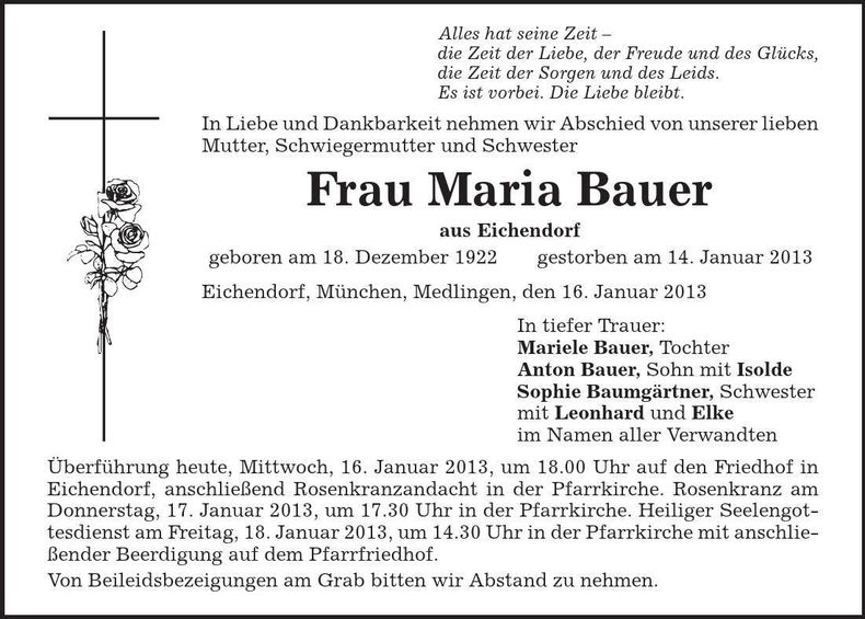 Traueranzeige Maria Bauer
