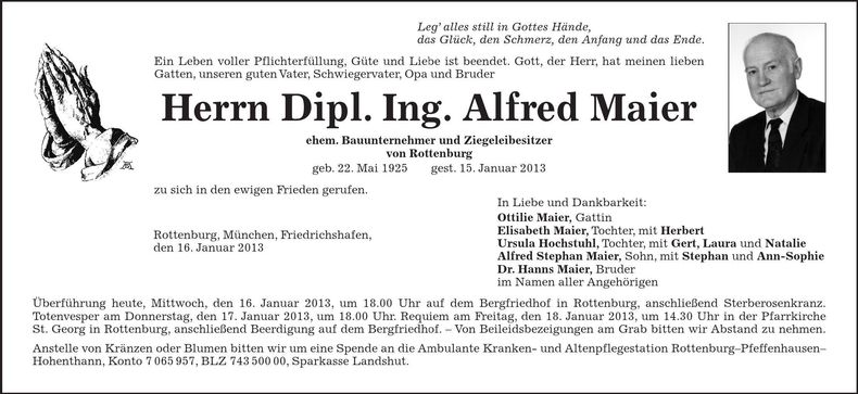 Traueranzeige Alfred Maier