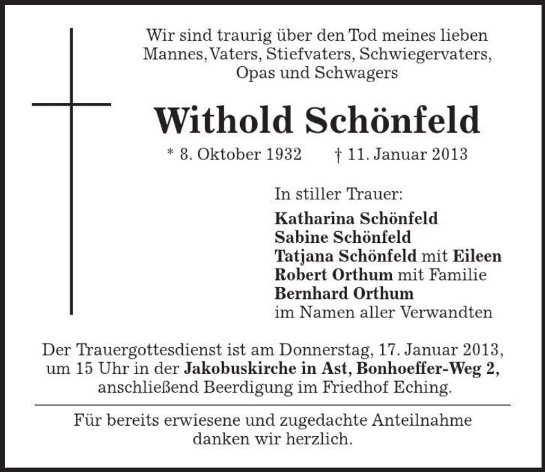 Traueranzeige Withold Schönfeld