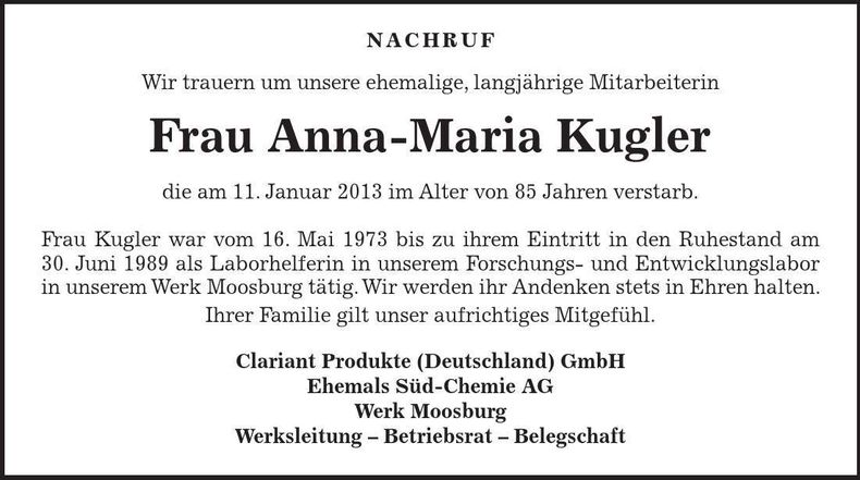 Traueranzeige Anna-Maria Kugler