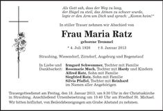 Traueranzeige Maria Ratz