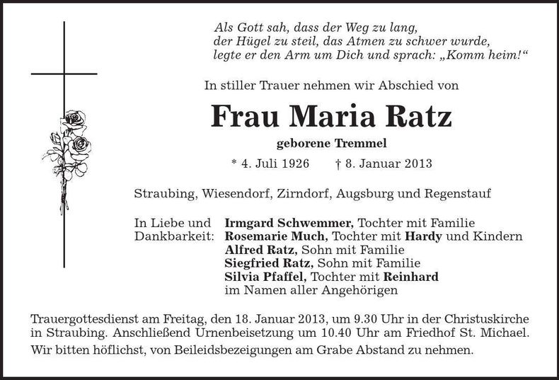 Traueranzeige Maria Ratz
