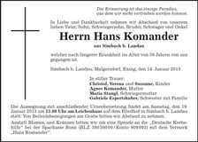 Traueranzeige Hans Komander