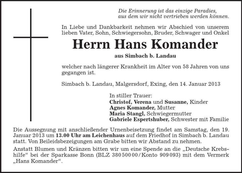 Traueranzeige Hans Komander
