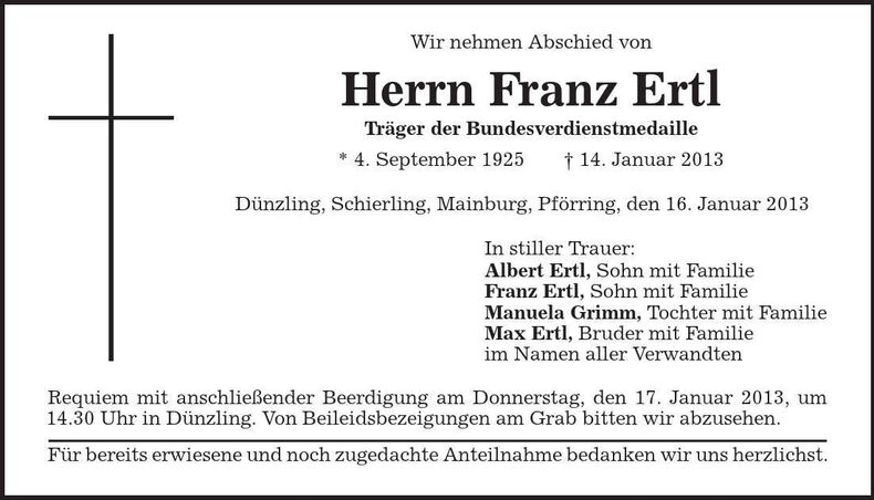 Traueranzeige Franz Ertl