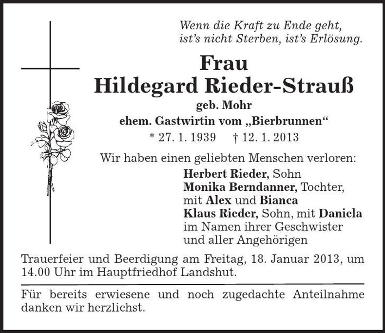 Traueranzeige Hildegard Rieder-Strauß