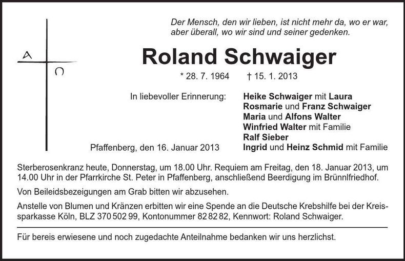 Traueranzeige Roland Schwaiger