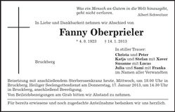 Traueranzeige Fanny Oberprieler