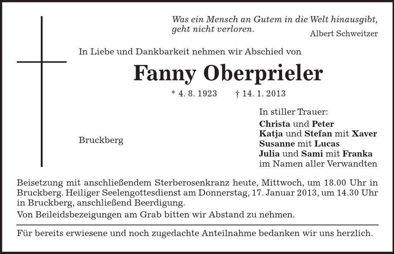 Traueranzeige Fanny Oberprieler