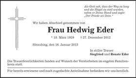 Traueranzeige Hedwig Eder