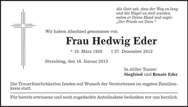 Traueranzeige Hedwig Eder