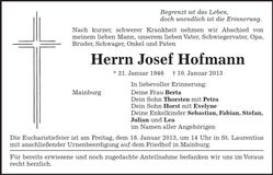 Traueranzeige Josef Hofmann