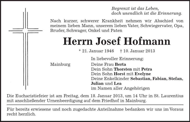 Traueranzeige Josef Hofmann