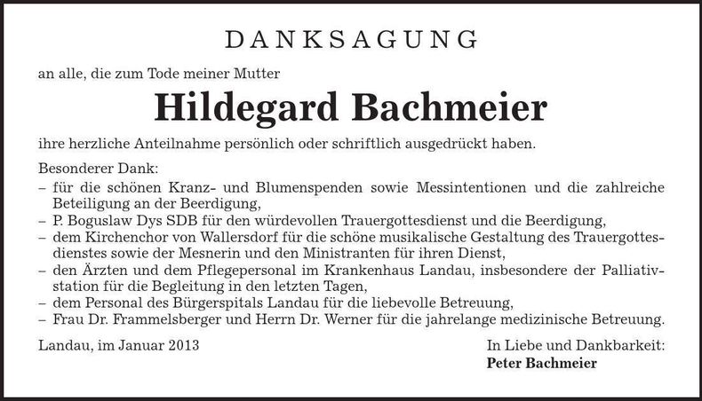 Traueranzeige Hildegard Bachmeier