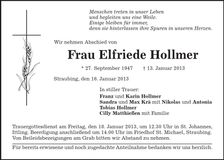 Traueranzeige Elfriede Hollmer