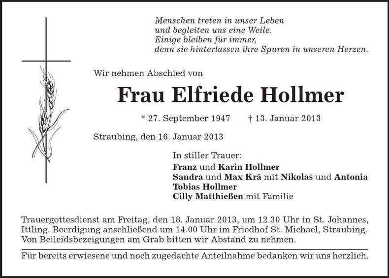 Traueranzeige Elfriede Hollmer
