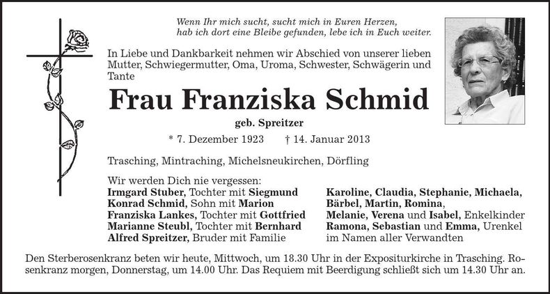 Traueranzeige Franziska Schmid