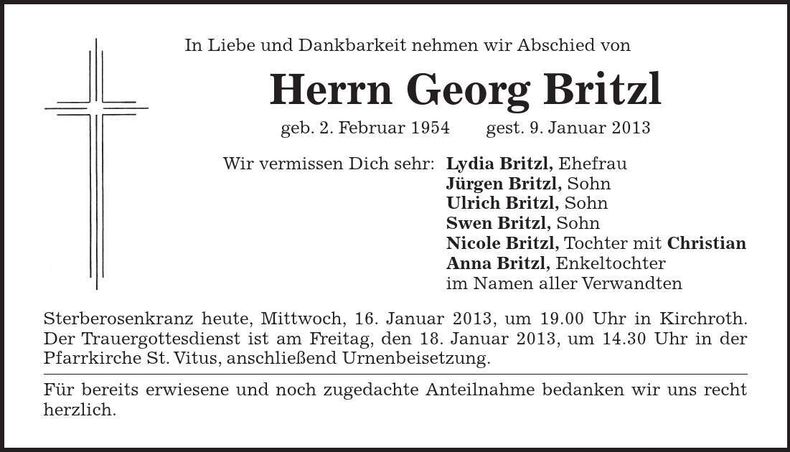 Traueranzeige Georg Britzl