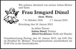 Traueranzeige Irmgard Dünzl