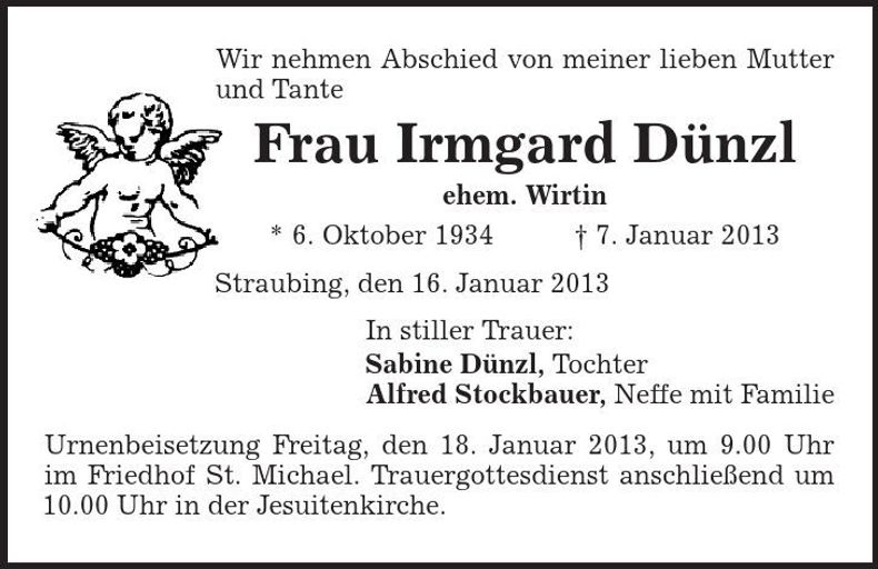 Traueranzeige Irmgard Dünzl