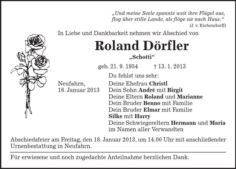 Traueranzeige Roland Dörfler