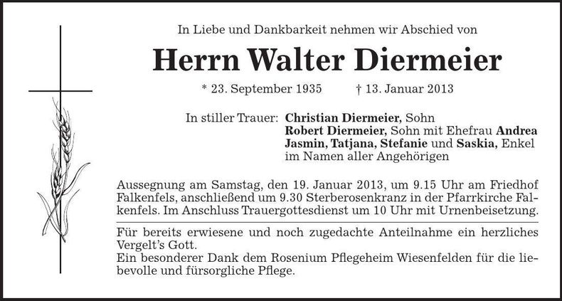 Traueranzeige Walter Diermeier