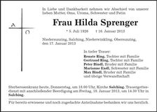 Traueranzeige Hilda Sprenger