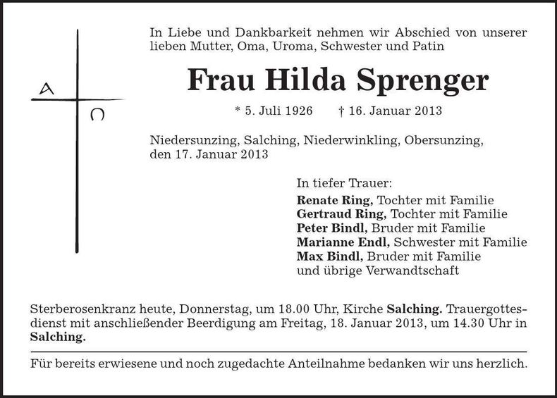 Traueranzeige Hilda Sprenger
